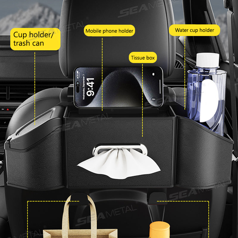 SEAMETAL Car Seat Back Organizer with Dual Cup Holders, Tissue Box, and Phone Storage