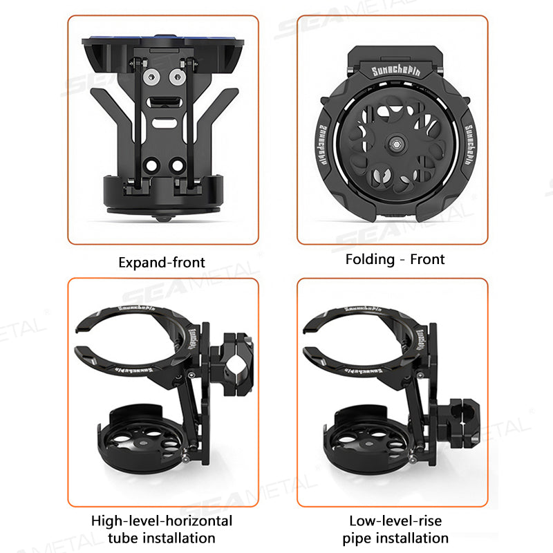 SEAMETAL Foldable Turntable Motorcycle Cup Holder CNC Metal Anti-Vibration Water Cup Bracket Kettle Holder Modified Accessories