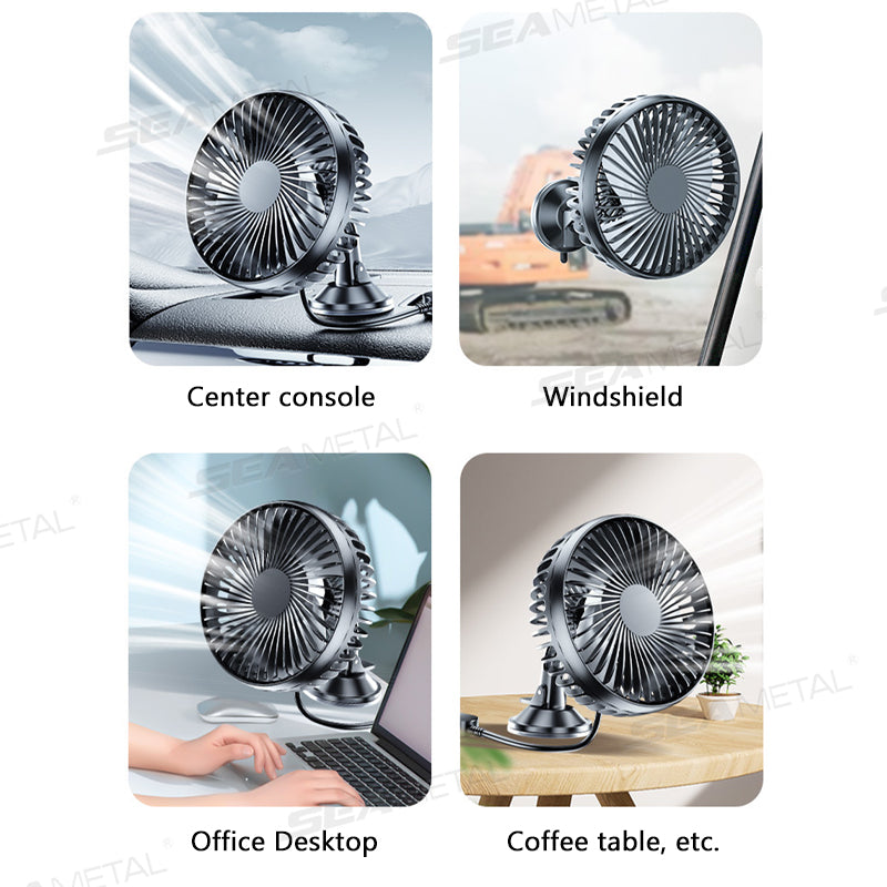 SEAMETAL 12V/24V USB Car Dashboard Cooling Fan with Suction Cup Single Head Fan 360 Degree All-Round Auto Cooler