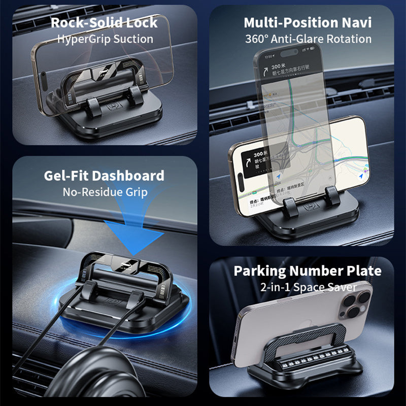 SEAMETAL Dashboard Car Phone Holder 360 Rotation Navigation Bracket Non-slip Silicone Mount Parking Phone Number Plate