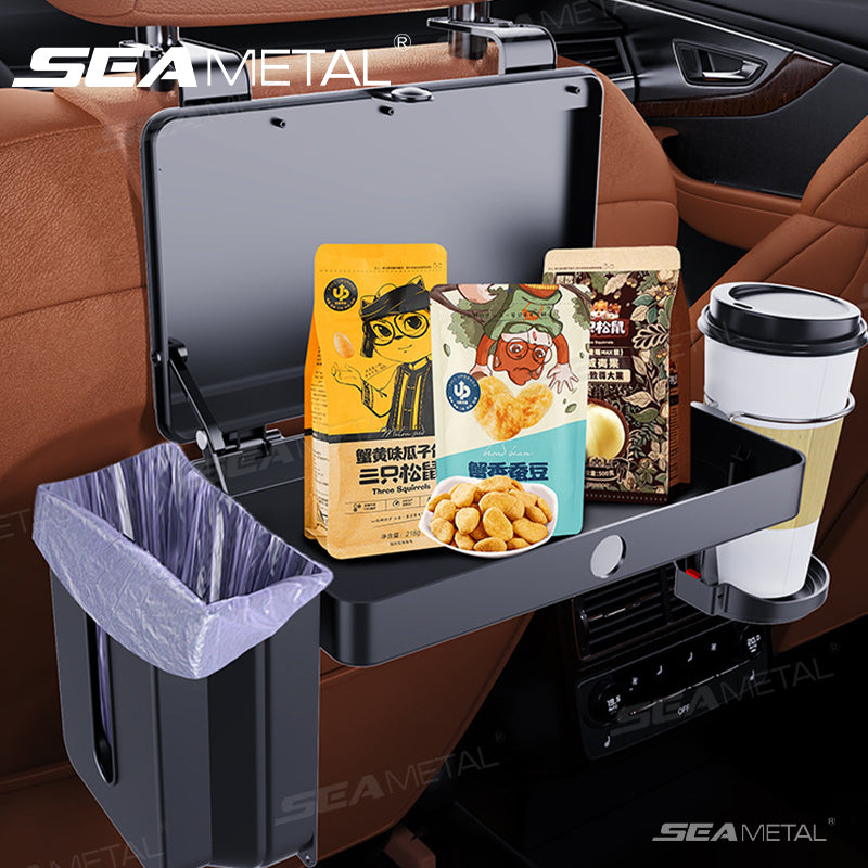SEAMETAL Plastic Car Backseat Organizer with Foldable Tray, Cup Holder, Trash Can