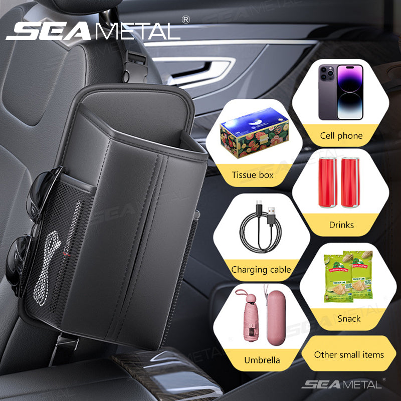 SEAMETAL Car Seat Side Storage Bag PU Leather Hanging Auto Seat Organizer Tissue Bag Water Cup Holder