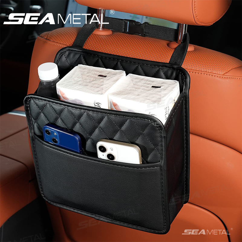 SEAMETAL Multifunctional Leather Car Seat Storage Bag Hanging Garbage Bag