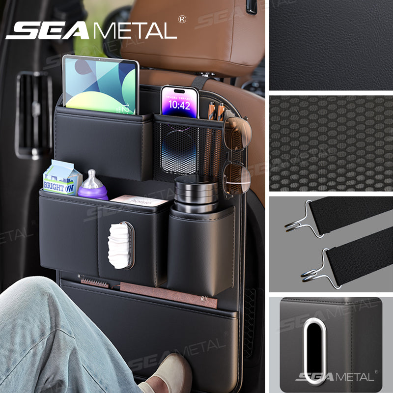 SEAMETAL Large Capacity PU Leather Car Seat Back Organizer with Tissue Holder