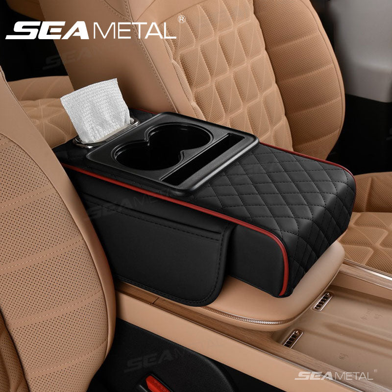 Car Armrest Cushion,5-in-1 Center Console Cover with 2 Storage Bags Cup Holder, Tissue Box Slot