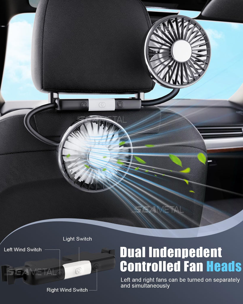 USB Car Fan for Backseat 3 Speeds Headrest Electricfan with LED Lights