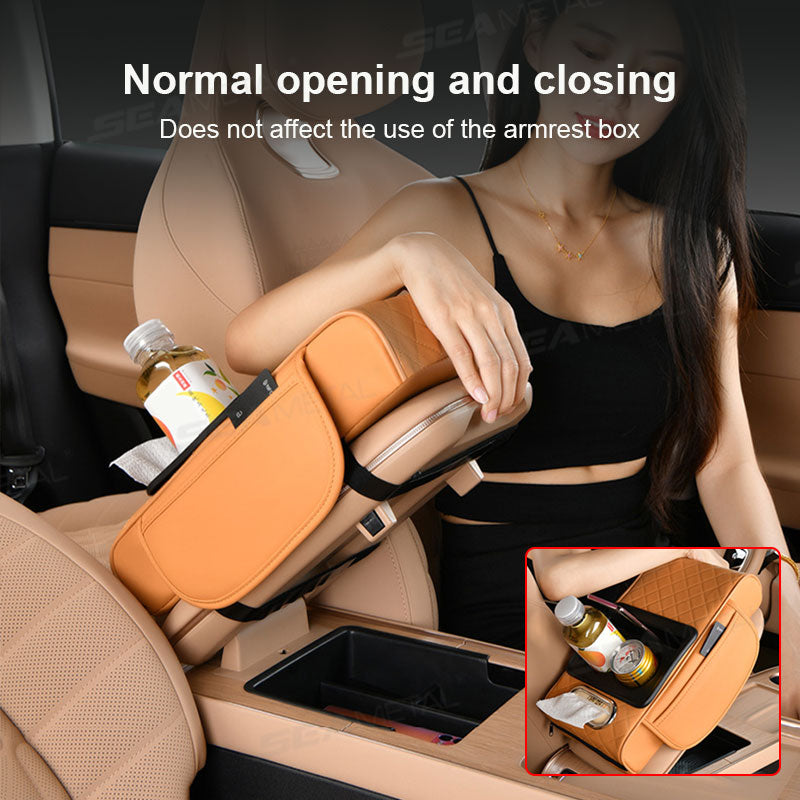 Car Armrest Cushion,5-in-1 Center Console Cover with 2 Storage Bags Cup Holder, Tissue Box Slot