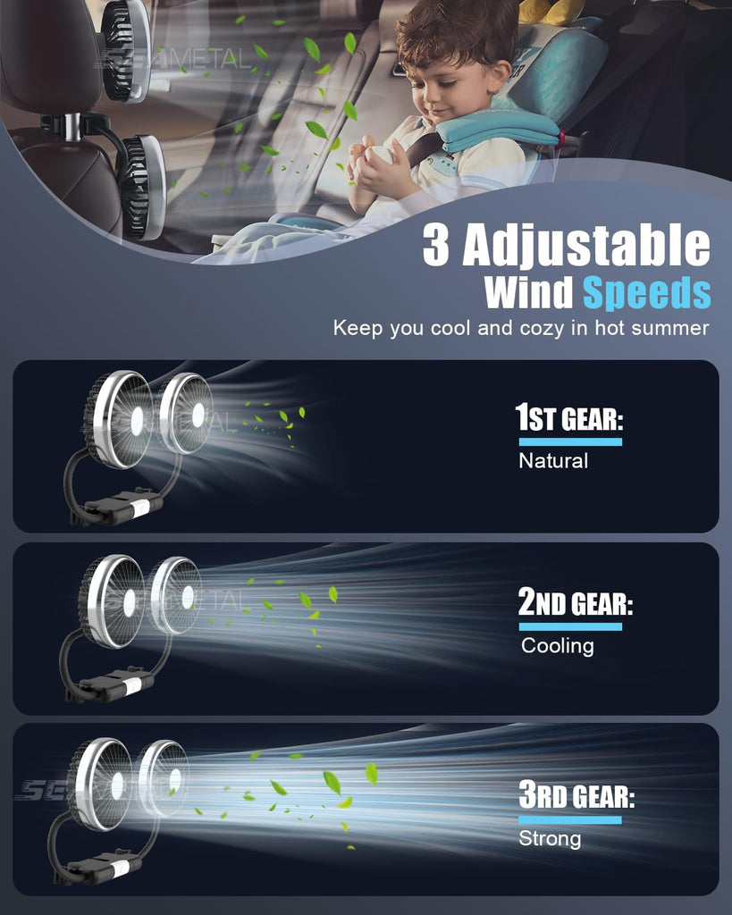 USB Car Fan for Backseat 3 Speeds Headrest Electricfan with LED Lights