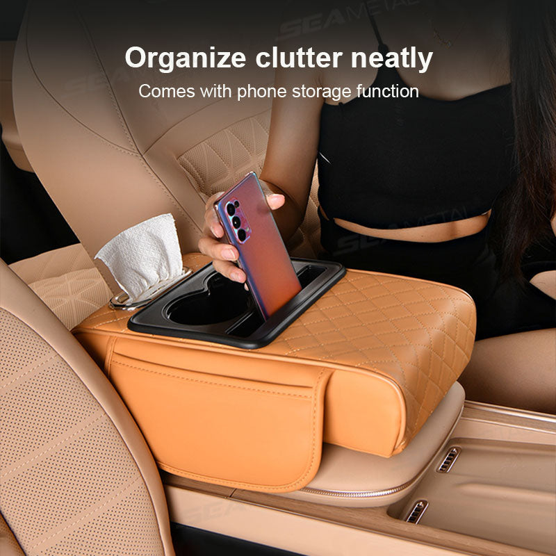 Car Armrest Cushion,5-in-1 Center Console Cover with 2 Storage Bags Cup Holder, Tissue Box Slot