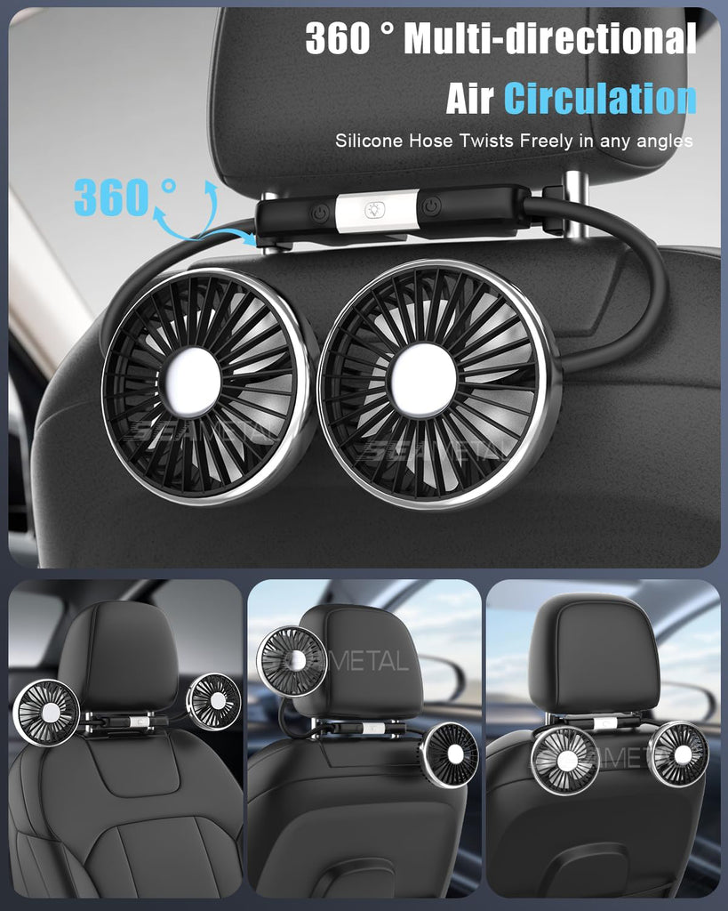 USB Car Fan for Backseat 3 Speeds Headrest Electricfan with LED Lights