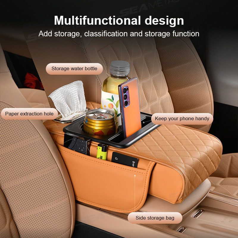 Car Armrest Cushion,5-in-1 Center Console Cover with 2 Storage Bags Cup Holder, Tissue Box Slot