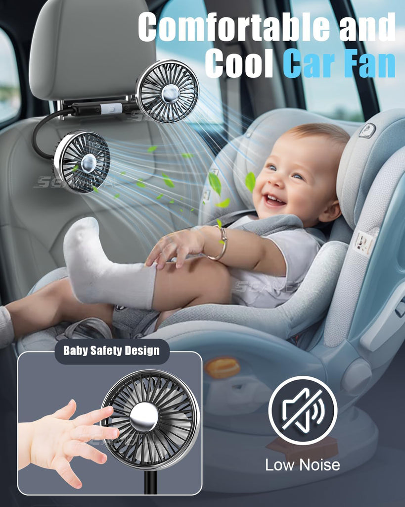 USB Car Fan for Backseat 3 Speeds Headrest Electricfan with LED Lights