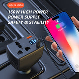 SEAMETAL 150W Car Inverter QC3.0 PD Fast Charger Car Socket Multifunctional Three Port Vehicle Power Converter Digital Display
