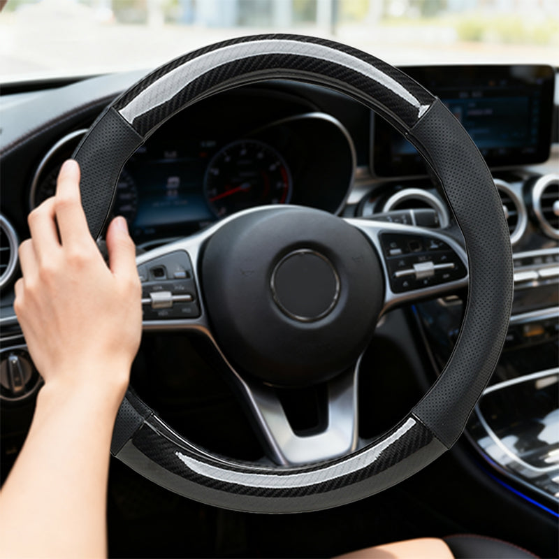 SEAMETAL Carbon Fiber Leather Car Steering Wheel Cover Anti-skid Wear Resistant Suitable Elastic Dustproof Sweat Absorbing 38cm Universal