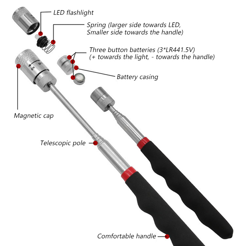 SEAMETAL Telescopic Magnetic Picker Mini Portable Magnetic Pen with Light for Picking Up Screws Nut Bolt Extendable Pickup Rod Stick