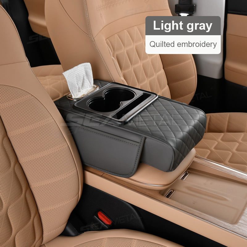 Car Armrest Cushion,5-in-1 Center Console Cover with 2 Storage Bags Cup Holder, Tissue Box Slot