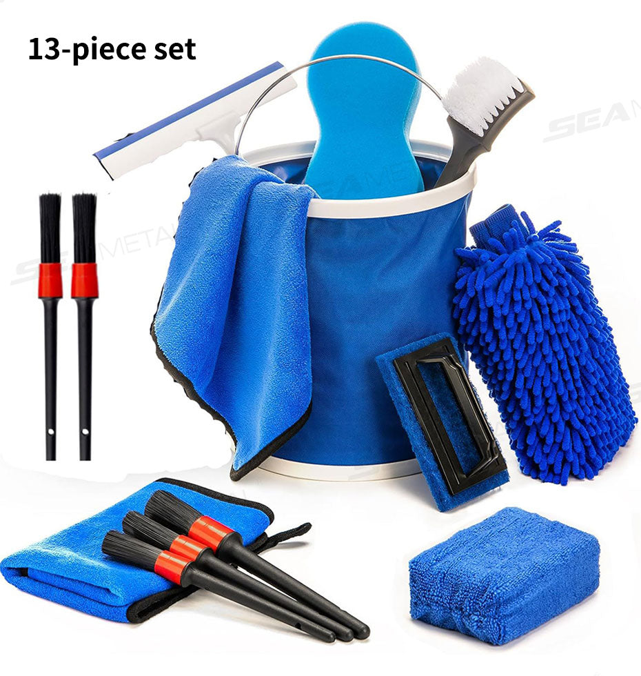 SEAMETAL 13pcs Car Cleaning Brush Set Car Detail Cleaning Gloves with Towel Sponge