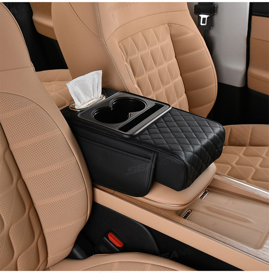 Car Armrest Cushion,5-in-1 Center Console Cover with 2 Storage Bags Cup Holder, Tissue Box Slot