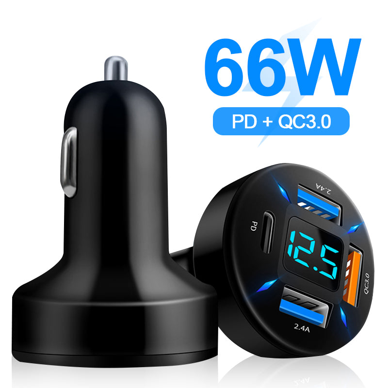 66W Quick Charge Car Phone Charger PD+QC3.0 4 Ports USB Fast Charging Cigarette Lighter Adapter Socket