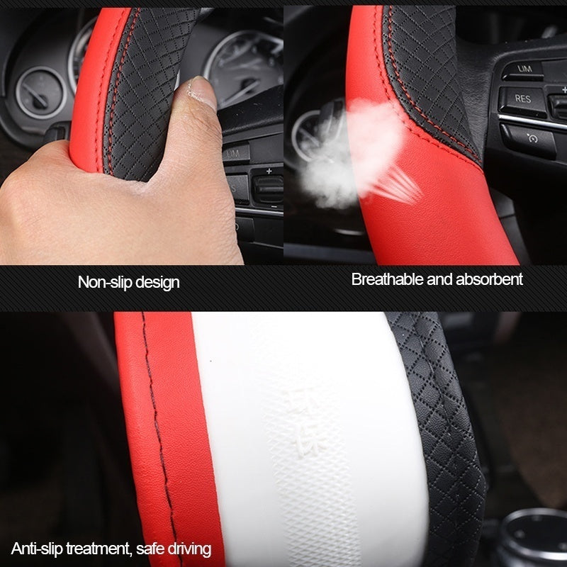 Leather Car Steering Wheel Cover, Non-Slip Car Wheel Cover Protector Breathable Microfiber Leather Universal Fit