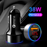 Phone Quick Charge PD+QC3.0 2 Ports Car Charger Cigarette Lighter Power Adapter