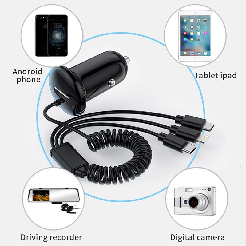 USB Car Charger with Type C/IOS/Micro USB 3-in-1 Multi Charging Cable