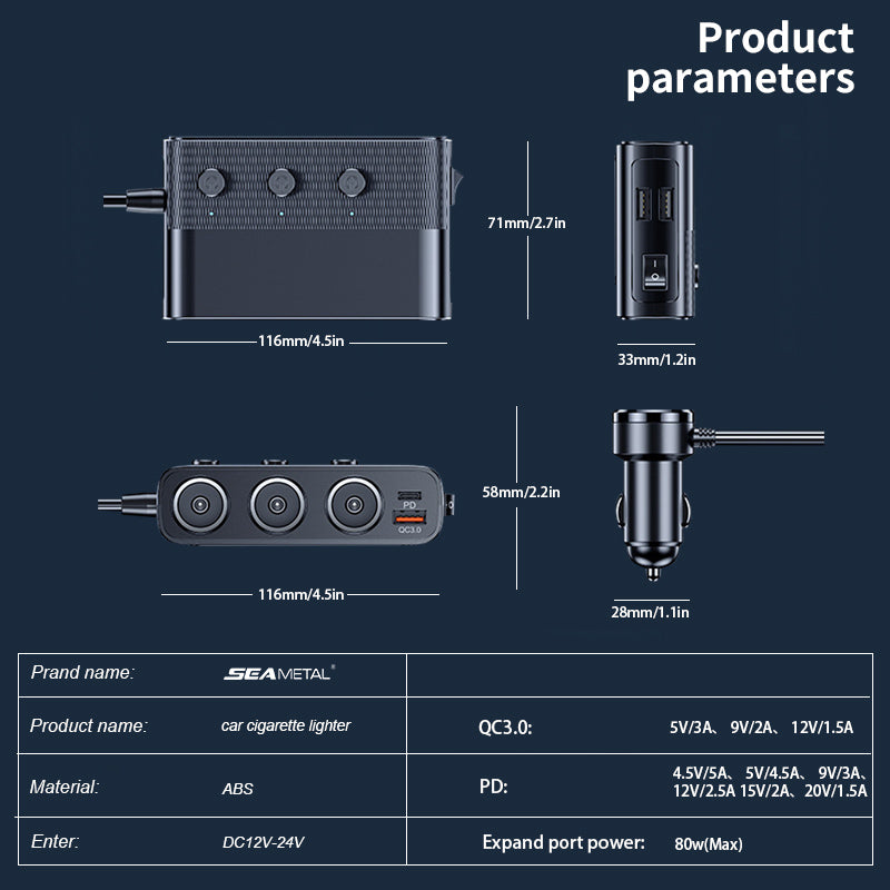 SEAMETAL 3 Port Car Cigarette Lighter Splitter 128W PD QC3.0 USB Car Charger 12V/24V Socket Adapter