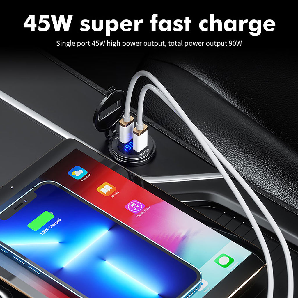 90W Dual USB Car Charger Socket Power Outlet Adapter 12V 24V Fast Charger