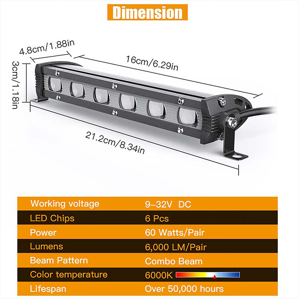 8 inch 60W LED Light Bar 12V 24V LED Bar 6000K Work Light Combo Spot Flood Fog Lamp