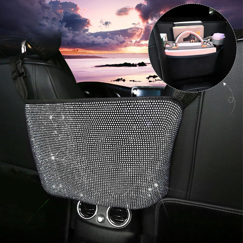 Luxury Bling Car Mesh Organizer Rhinestone Seat Middle Storage Bag - White