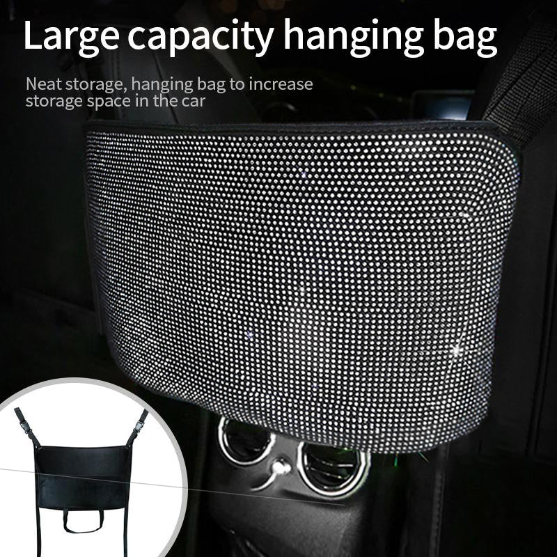 Luxury Bling Car Mesh Organizer Rhinestone Seat Middle Storage Bag - White