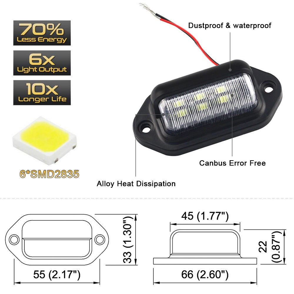 2Pcs 12V LED Number License Plate Light for Car Boats Motorcycle Exterior Lamps