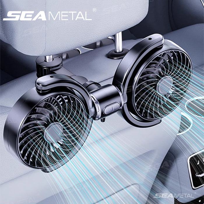 SEAMETAL Dual Head Car Fan Rotatable Rear Seat Dual Fan USB Rechargeable 3-Speed Adjustable Air Cooling Fan