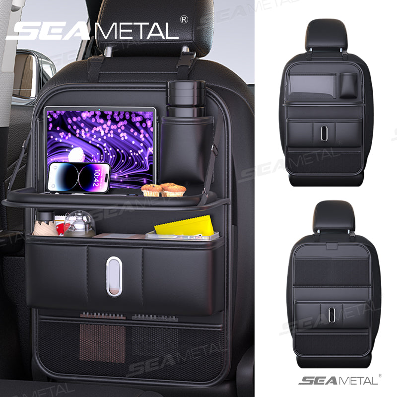 SEAMETAL PU Leather Car Seat Back Organizer with Foldable Dining Table