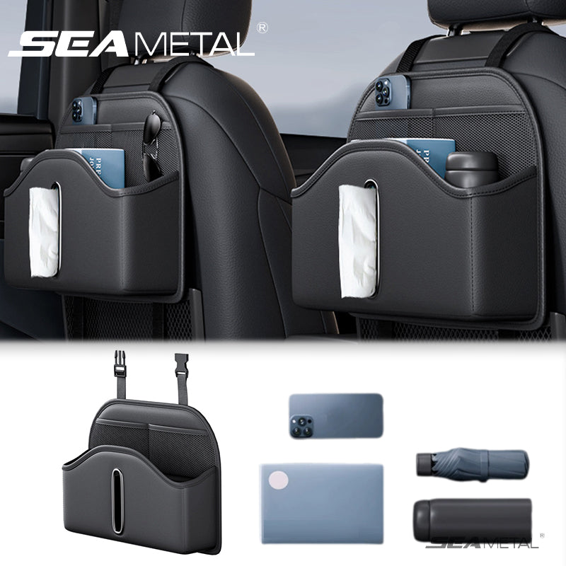 SEAMETAL PU Leather Car Seat Back Organizer Multifunctional Backrest Suspension Storage Bag With Tissue Box
