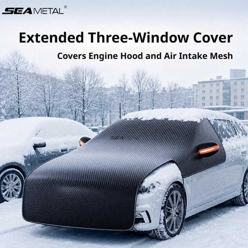 SEAMETAL Extended Car Windshield Snow Cover with Side-Window and Hood Coverage, Mirror Pockets and Securing Straps