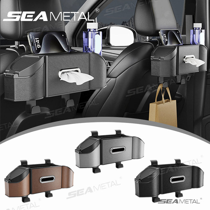 SEAMETAL Car Seat Back Organizer with Dual Cup Holders, Tissue Box, and Phone Storage