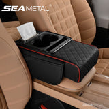 SEAMETAL Universal Fit Faux Leather Car Armrest Cushion with Tissue Box, Cup Holder