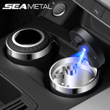 SEAMETAL Car Ashtray with Lid Smell Proof Stainless Steel Blue Led Portable Ashtray Cup for Auto
