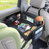 SEAMETAL Car Back Seat Tray Foldable PU Leather Organizer Raised Edges Tablet Pocket Mesh Storage Travel Desk Accessory
