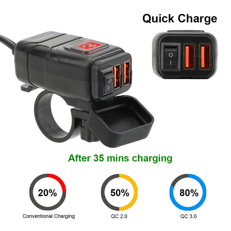 QC3.0 Dual USB Motorcycle Charger Waterproof Quick Charger Vehicle-mounted Switch