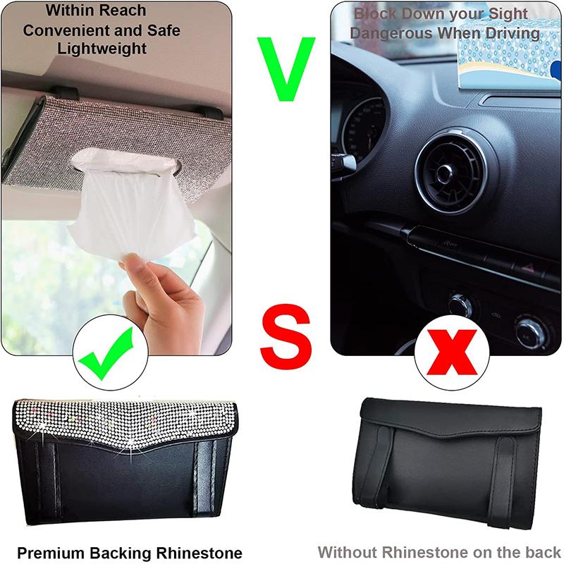 Bling Crystal Car Sun Visor Tissue Box PU Leather Tissue Case Holder