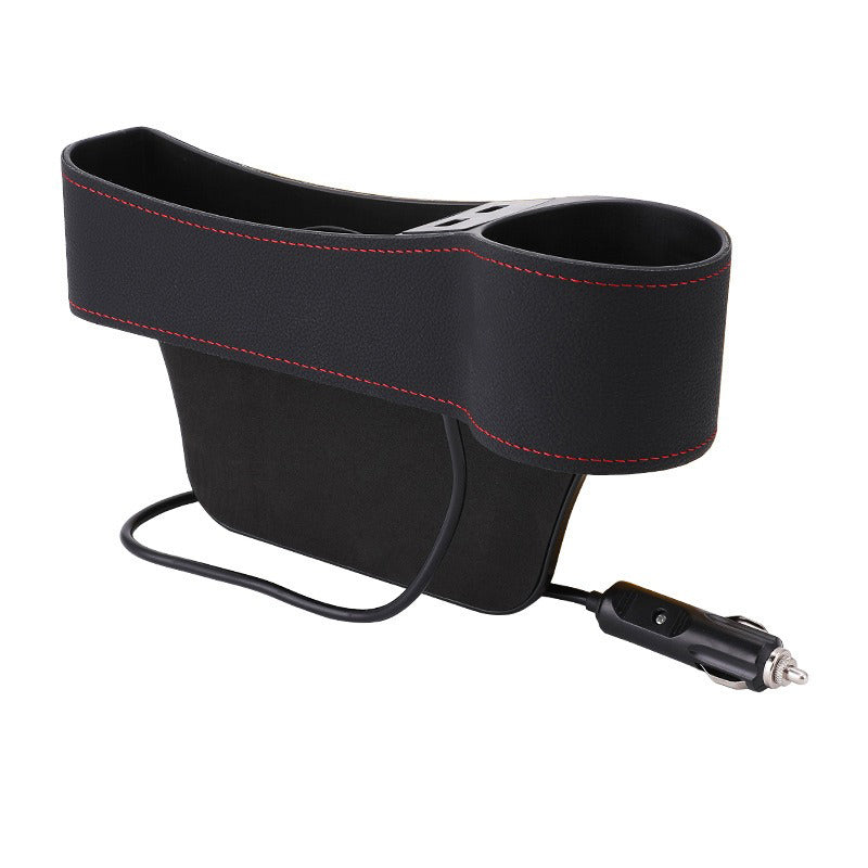 Leather Car Seat Gap Organizer with 2 USB Chargers Cigarette Lighter Cup Holder