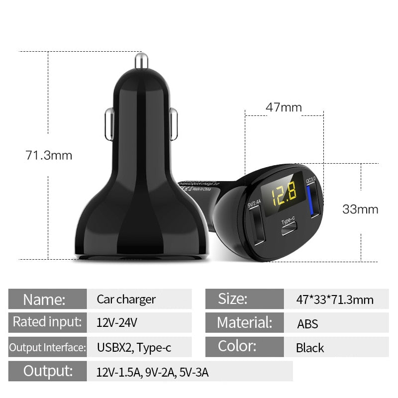 QC3.0 USB Type-C Car Charger Cigarette Lighter Adapter
