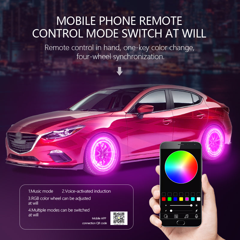 4Pcs RGB Car Hub LED Neon Strip Lamp Kit APP/Sound Control Universal Fit 15-19in Car Wheel Ring