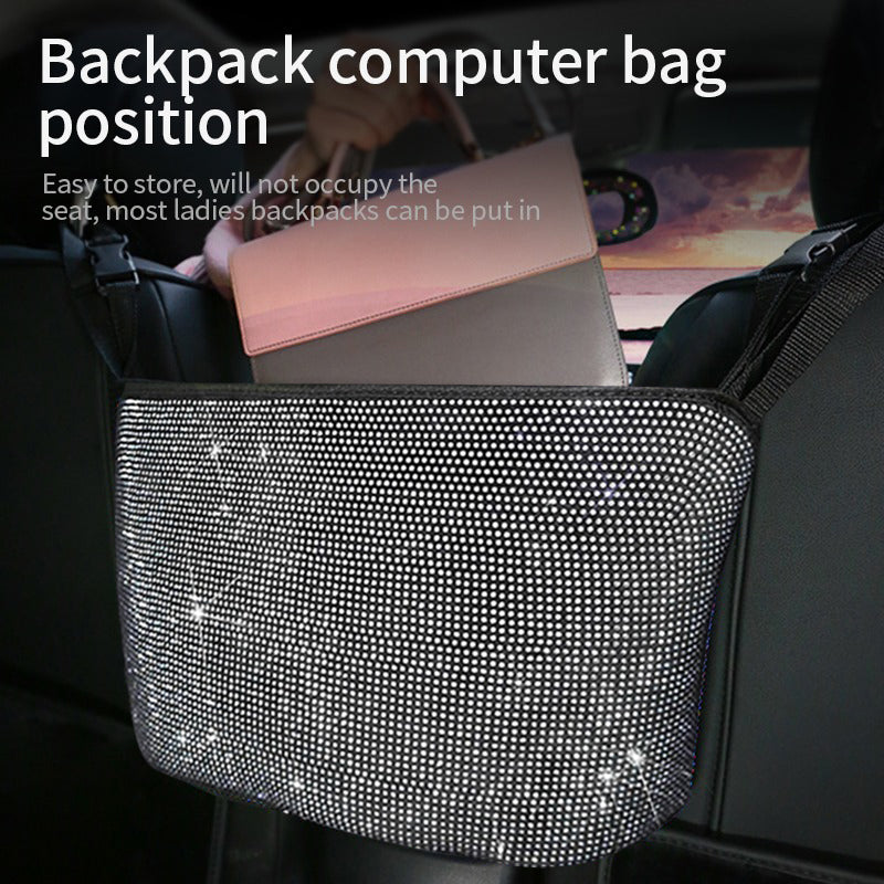 Luxury Bling Car Mesh Organizer Rhinestone Seat Middle Storage Bag - White