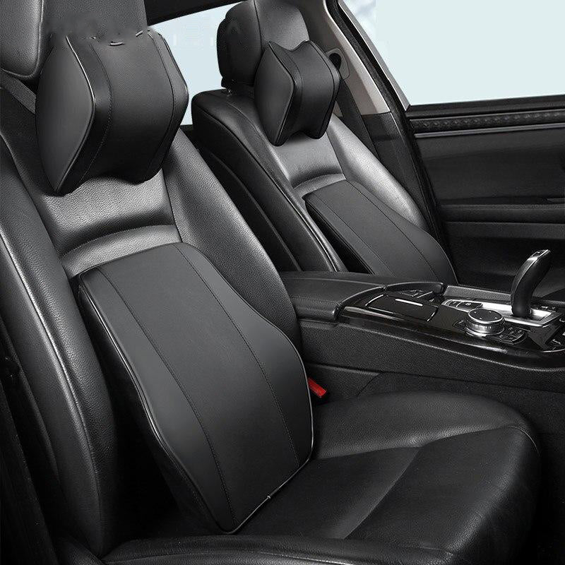 Car Leather Headrest Memory Foam Car Rest Pillow Back Cushion Auto Seat Neck  Rest Waist Supports Set Car Interior Lumbar Pillows